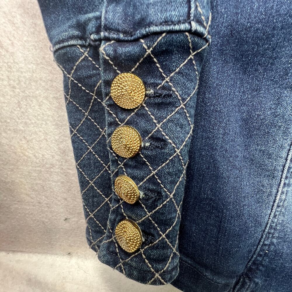Venus Denim Military Jacket Women’s Sz 2‎ Blue Quilted Sleeves Gold Buttons Chic - Picture 5 of 9